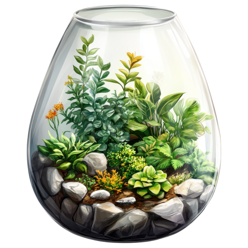 decorative glass terrarium filled with various green plants and stones clip art on a transparency background png