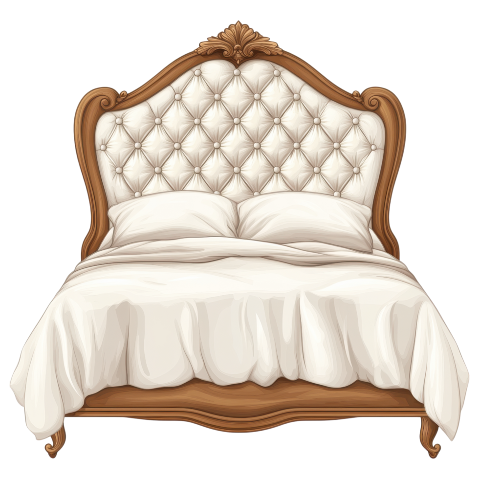 Cozy upholstered headboard with elegant design and soft bedding clip art on a transparency background png
