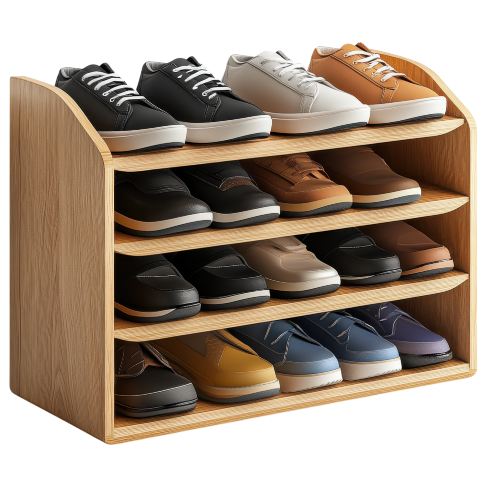 Compact modern shoe rack with various shoes displayed, perfect for organization. clip art on a transparency background png