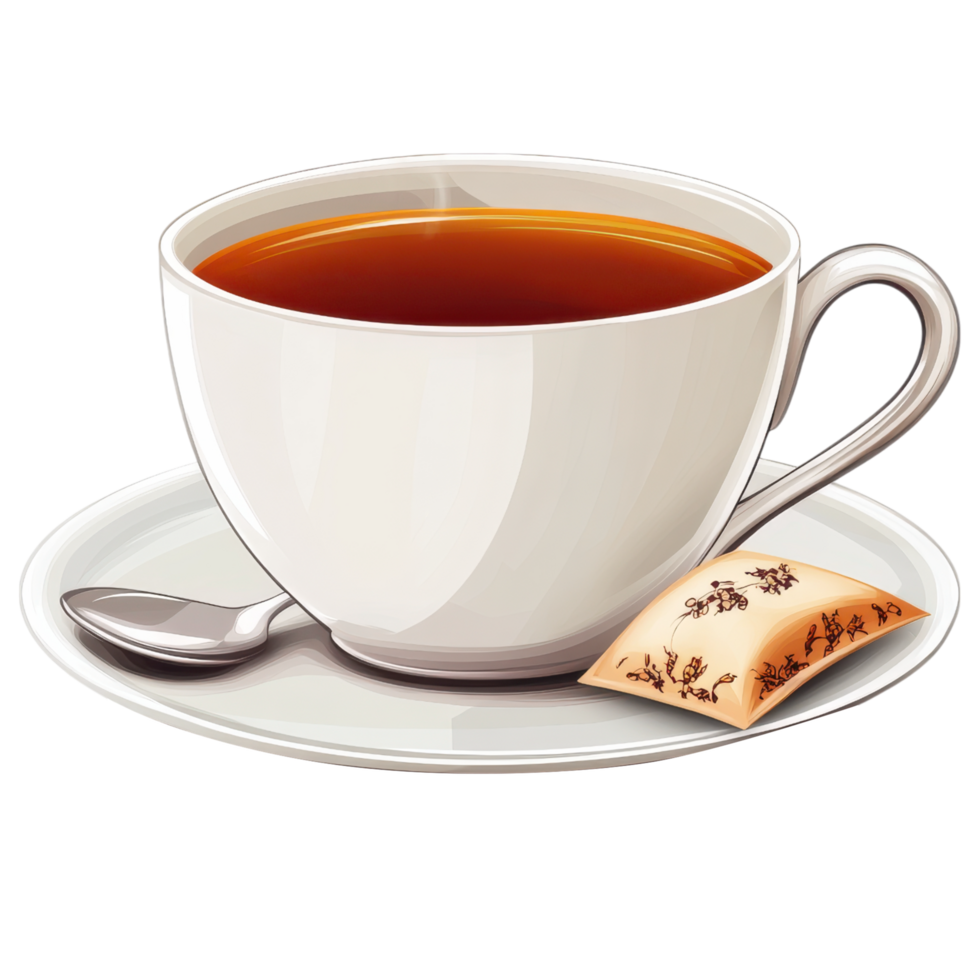 cup of black tea with tea bag on white plate, inviting warmth. clip art on a transparency background png
