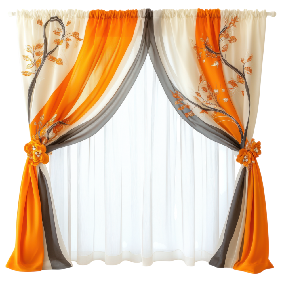 Elegant orange and gray patterned curtains with floral designs clip art on a transparency background png