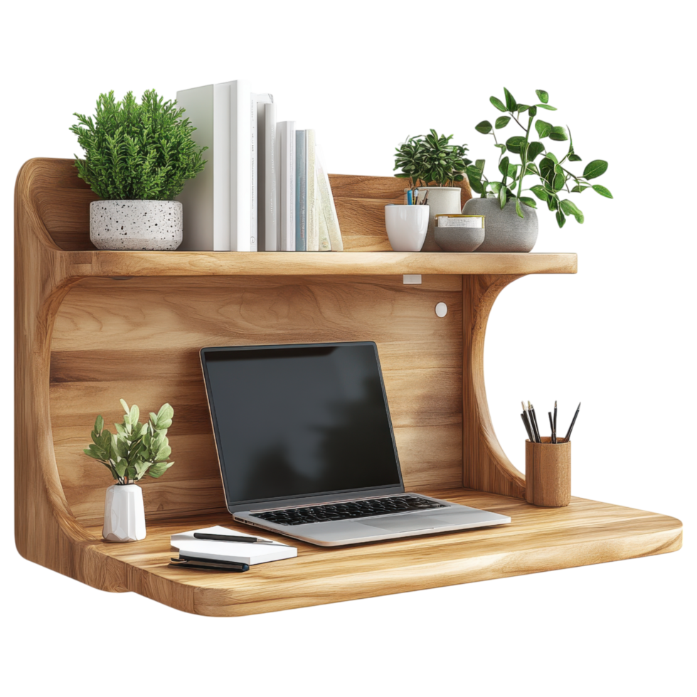 Modern wall mounted desk with laptop, plants, and books clip art on a transparency background png