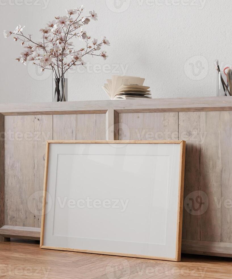 One blank mockup, frame in room, interior empty frame art background, 3D render photo