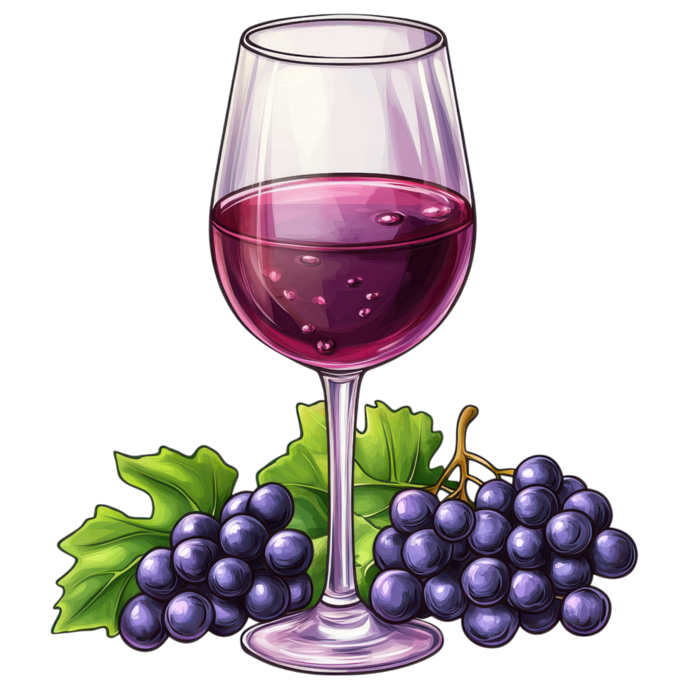 Grape juice in wine glass with fresh grapes and green leaves clip art on a transparency background png