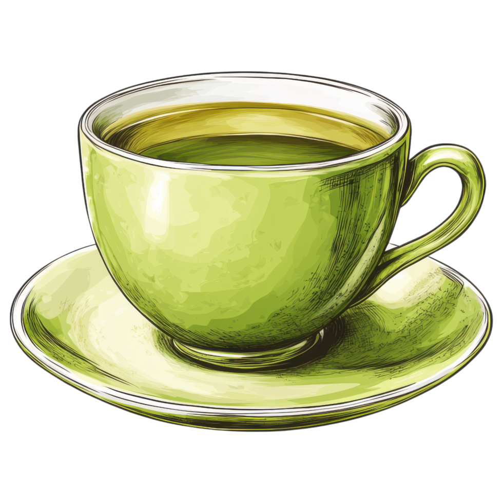 Green tea in traditional cup on saucer, evoking calmness and warmth. clip art on a transparency background png
