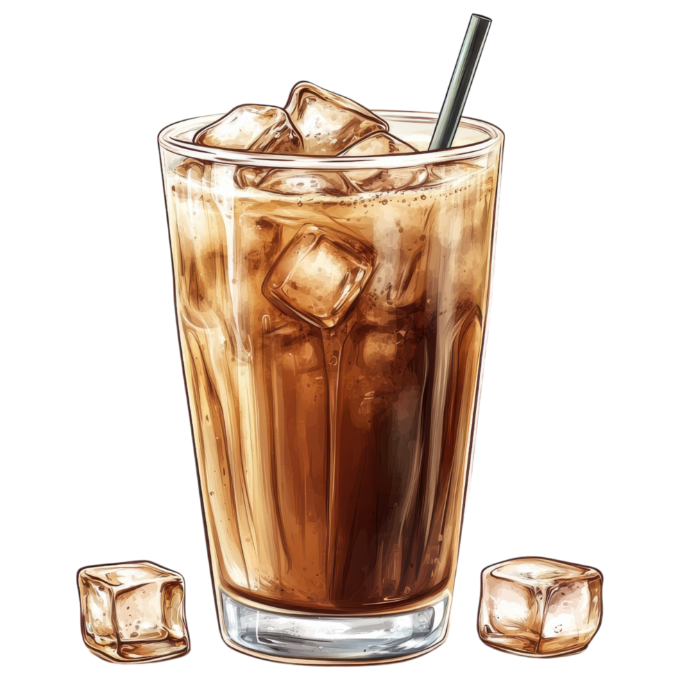 Iced coffee with ice cubes in glass, refreshing and delicious drink png