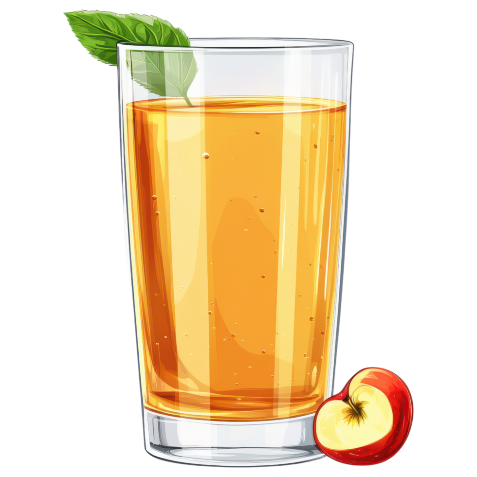 Refreshing apple juice in clear glass with mint leaf and apple slice clip art on a transparency background png