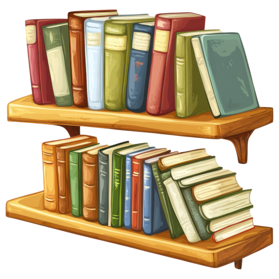Colorful books on wooden floating bookshelf, creating cozy atmosphere. clip art on a transparency background png