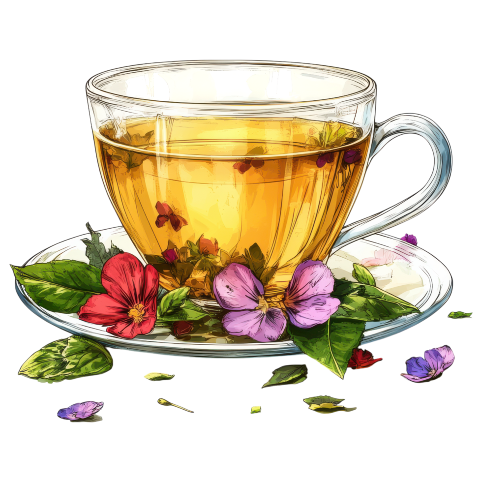 Herbal tea with flower petals in glass cup and saucer clip art on a transparency background png