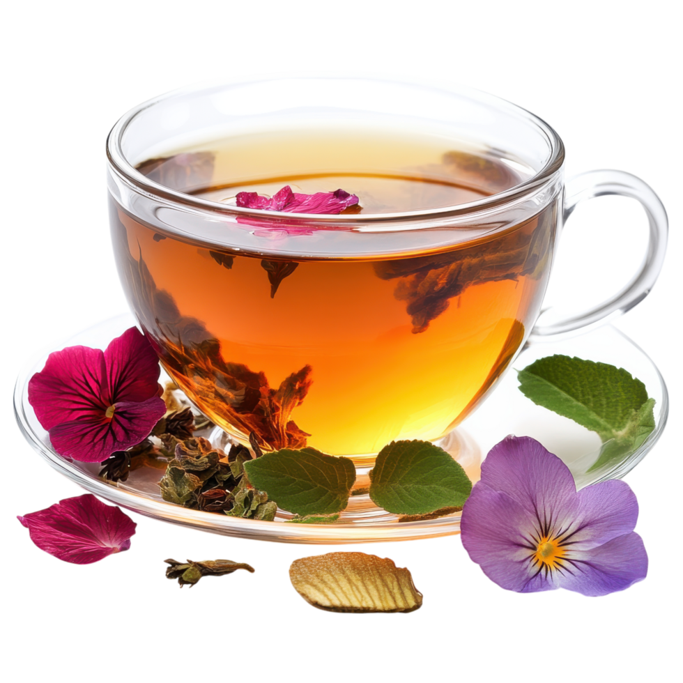 Herbal tea with flower petals in clear cup, vibrant colors and fresh herbs clip art on a transparency background png