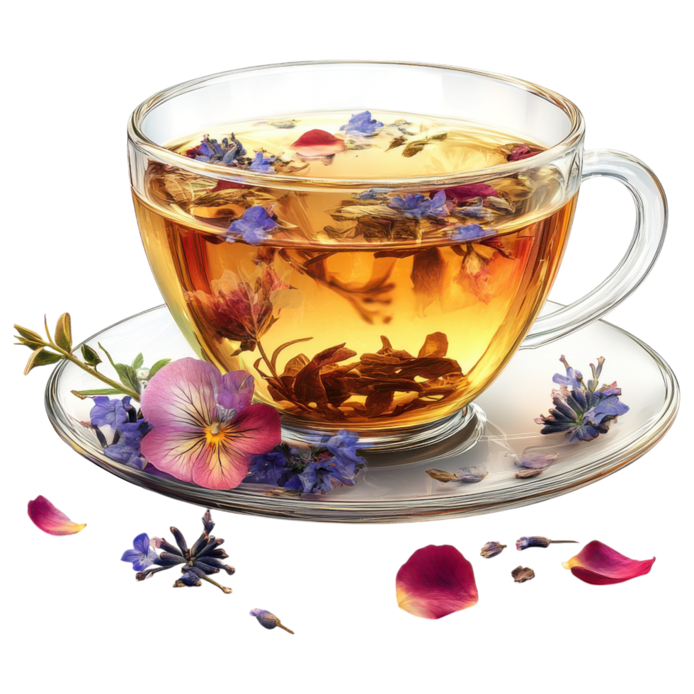 Herbal tea with flower petals in glass cup on white saucer clip art on a transparency background png