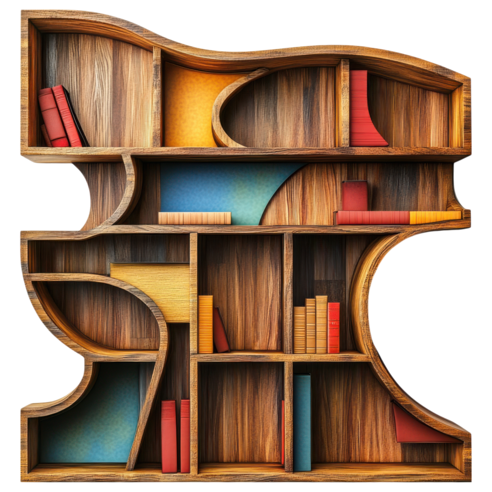 Abstract bookshelf with asymmetric design showcasing colorful books clip art on a transparency background png