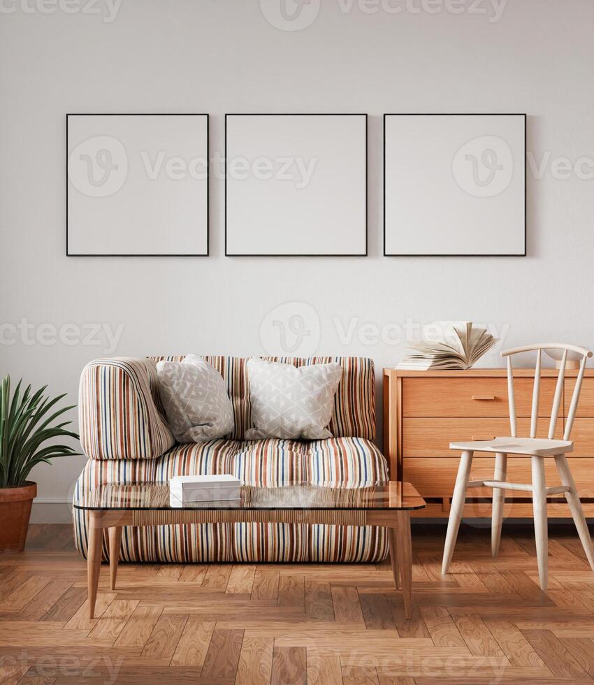 Interior living room mockup frame, equilateral square frame, three sets poster empty in home design, interior design element, blank frame photo