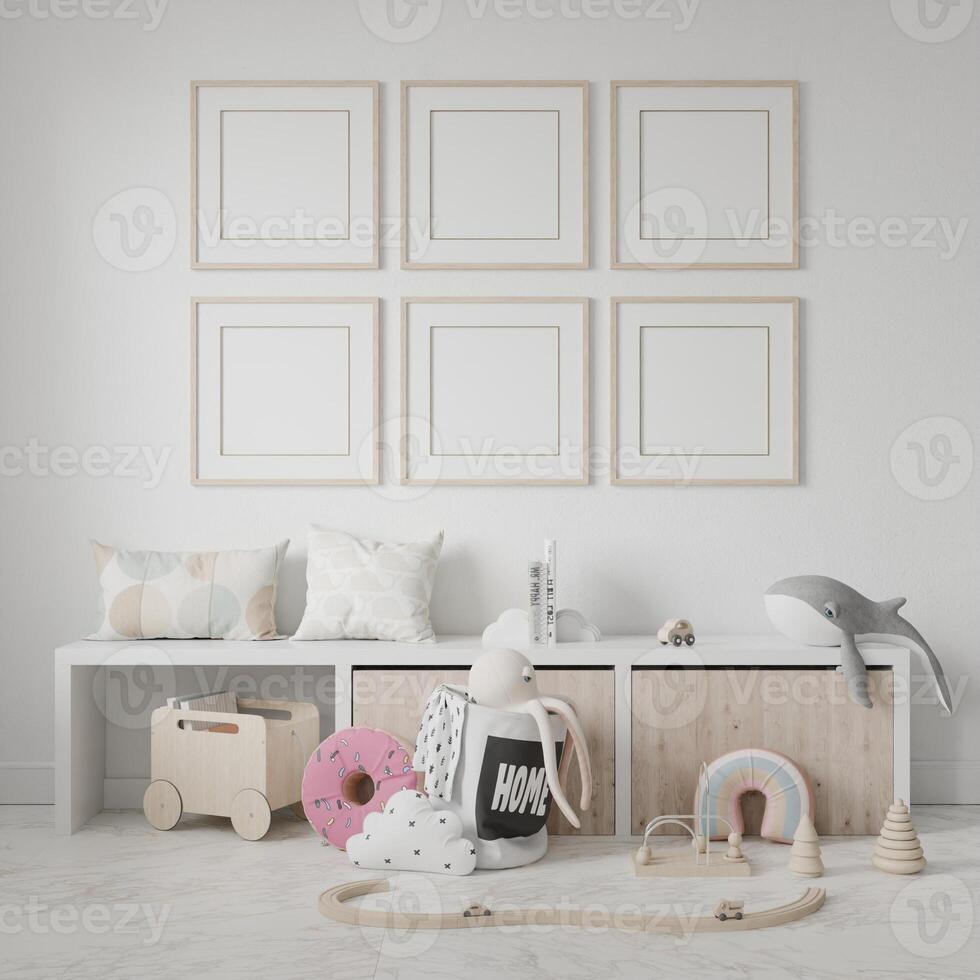 Kid mockup, front view element, frame in children room, interior living room, background, 3D render photo