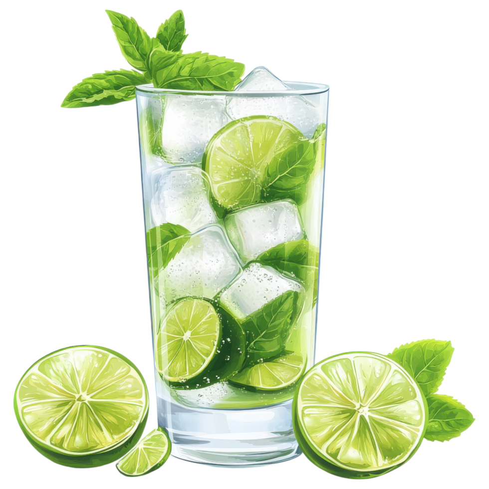 Refreshing lime soda with mint leaves in glass clip art on a transparency background png