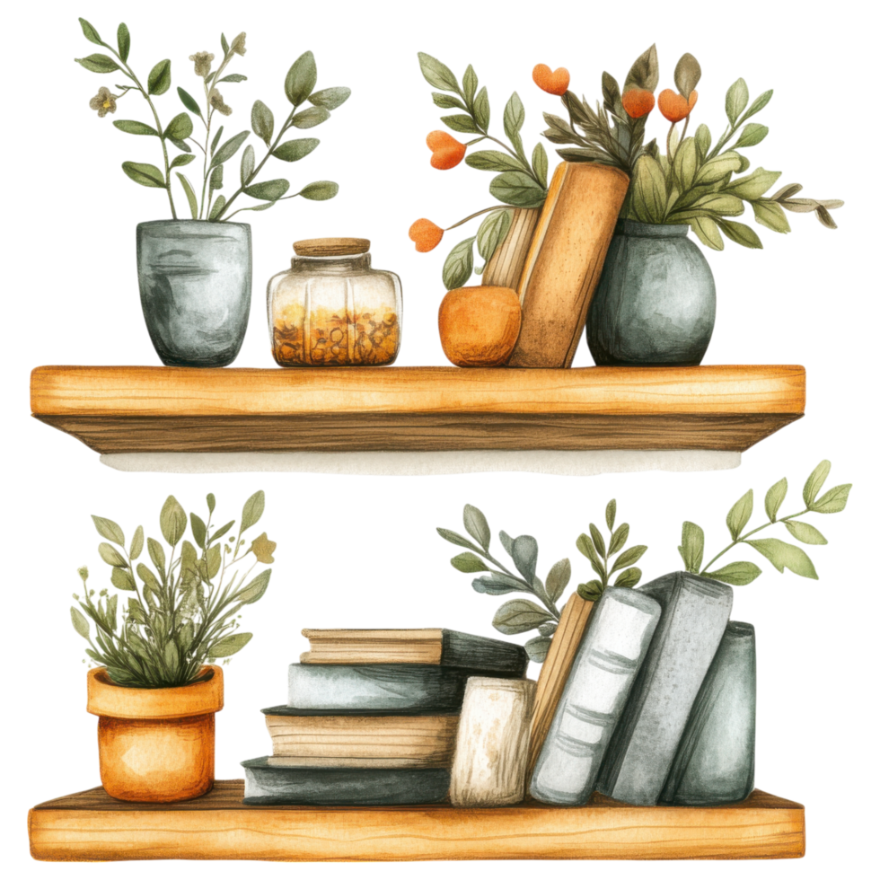 Decorative floating corner shelf with plants and books clip art on a transparency background png