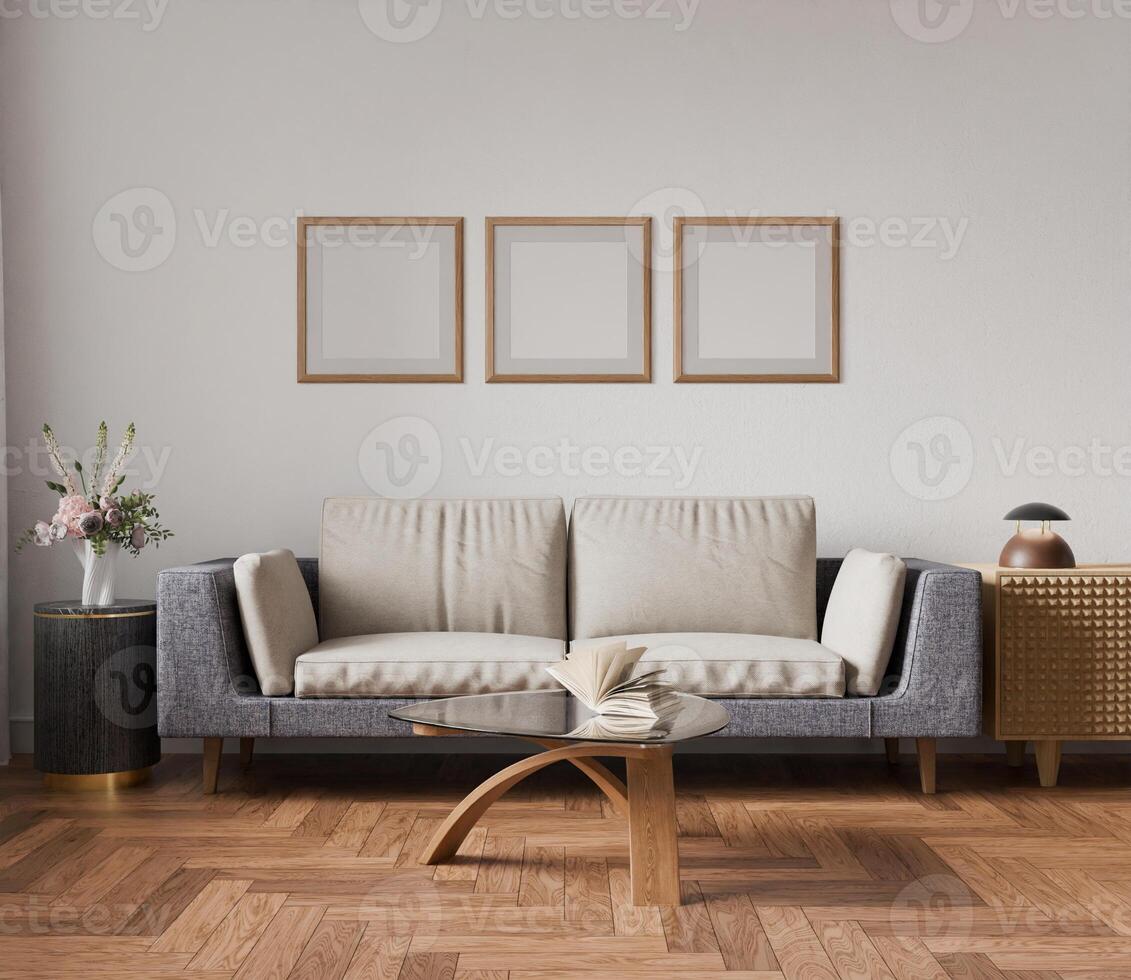 Interior living room mockup frame, equilateral square frame, three sets poster empty in home design, interior design element mockup, blank frame 3d render photo