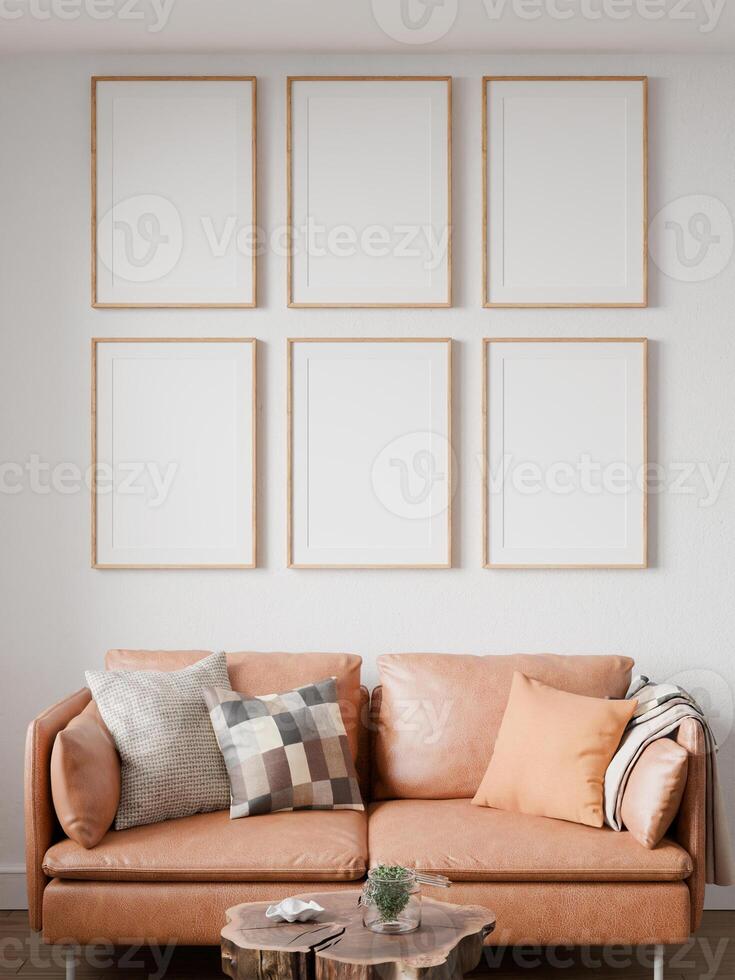 Mockup frame set, wood poster empty, in home design, Homey interior design element cozy, 3d render photo
