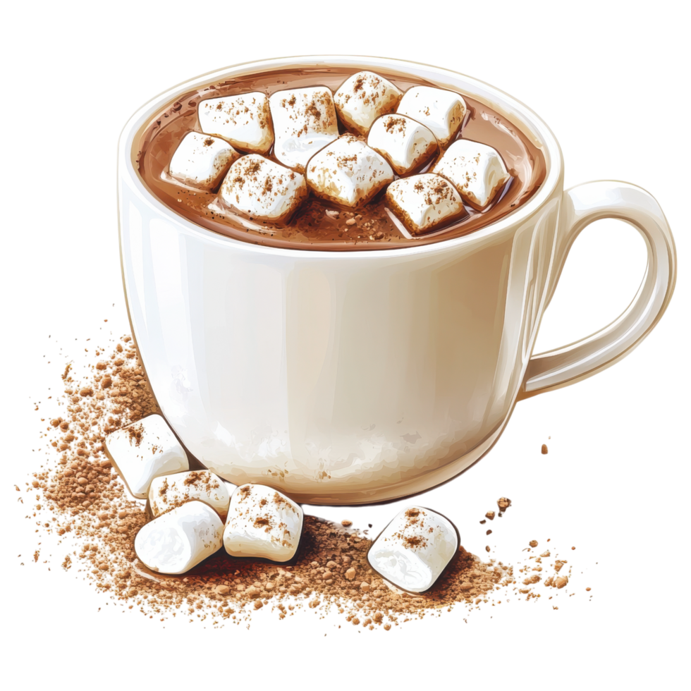 Hot chocolate with marshmallows in white cup, cozy and inviting. clip art on a transparency background png