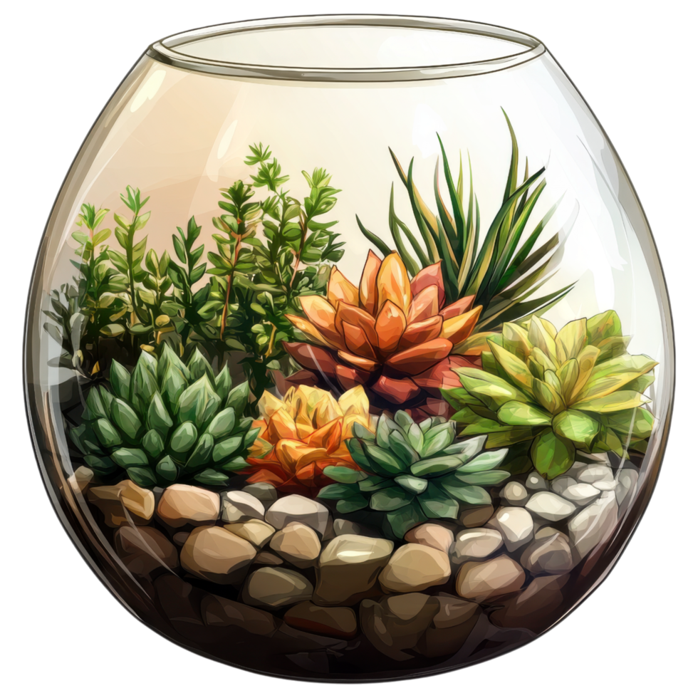 Decorative glass terrarium with colorful succulents and pebbles. clip art on a transparency background png