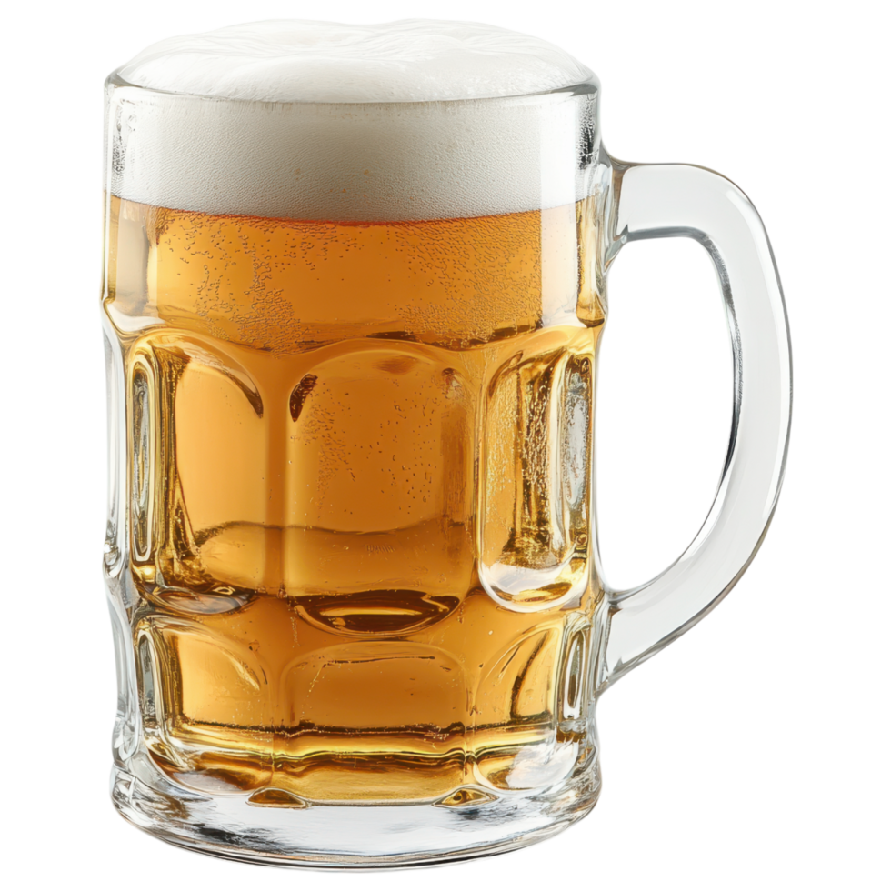 Frosty beer mug filled with golden beer and creamy foam on top png