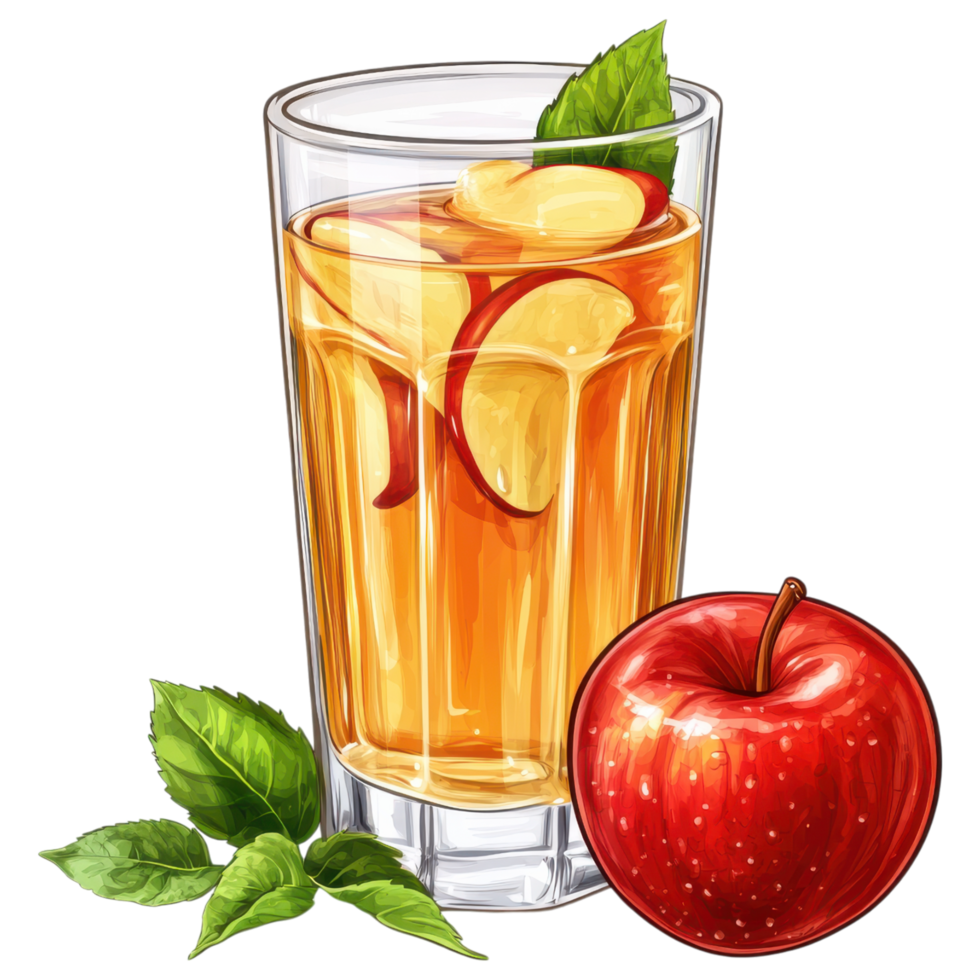 Refreshing apple juice in glass with apple slices and mint leaves clip art on a transparency background png