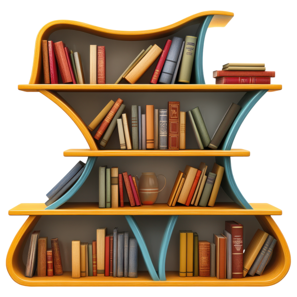 Colorful abstract bookshelf with asymmetric design showcasing books and decor. clip art on a transparency background png
