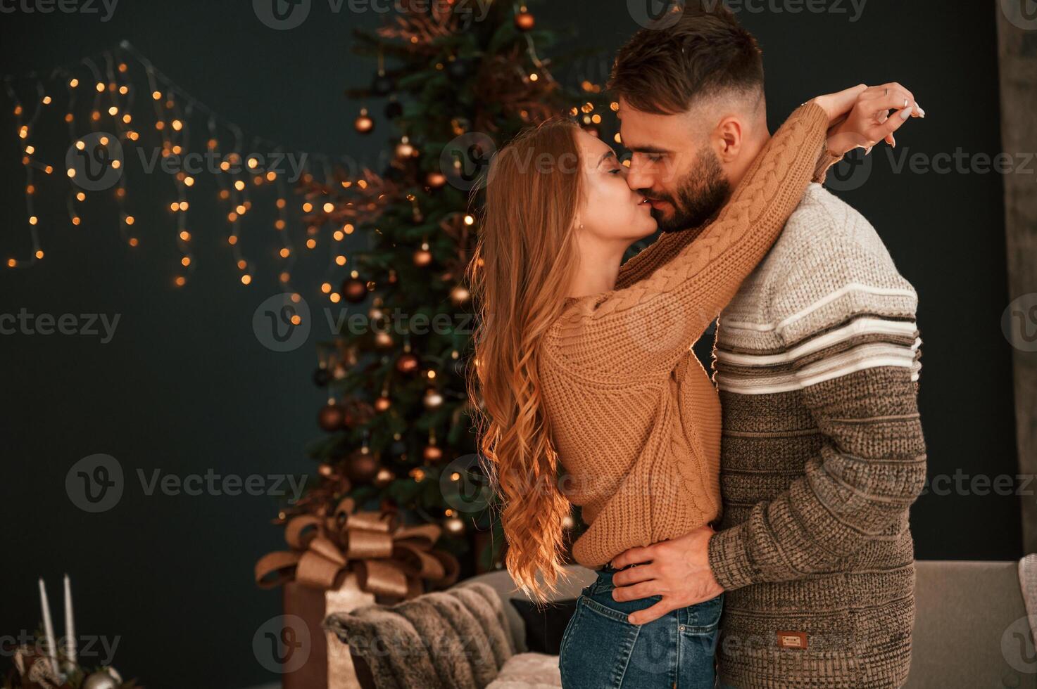 Side view. .Standing and embracing each other. Lovely young couple are celebrating New Year at home photo