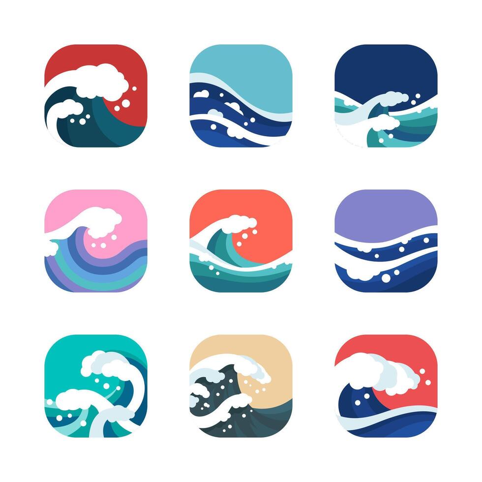 ocean wave flat icon set vector