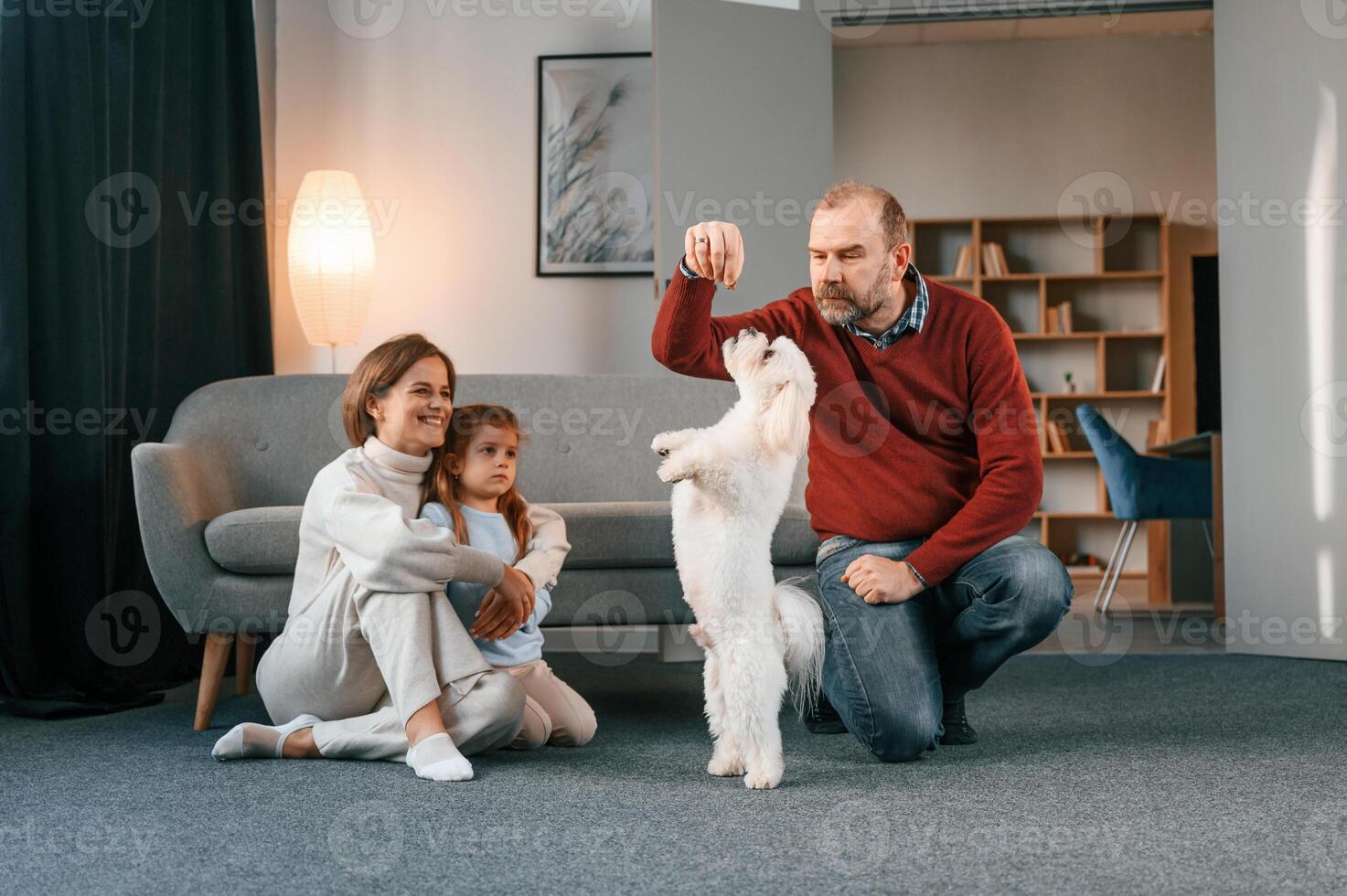 Animal is ,standing on back legs. Man is playing with maltese dog. Mother with her daughter is watching photo