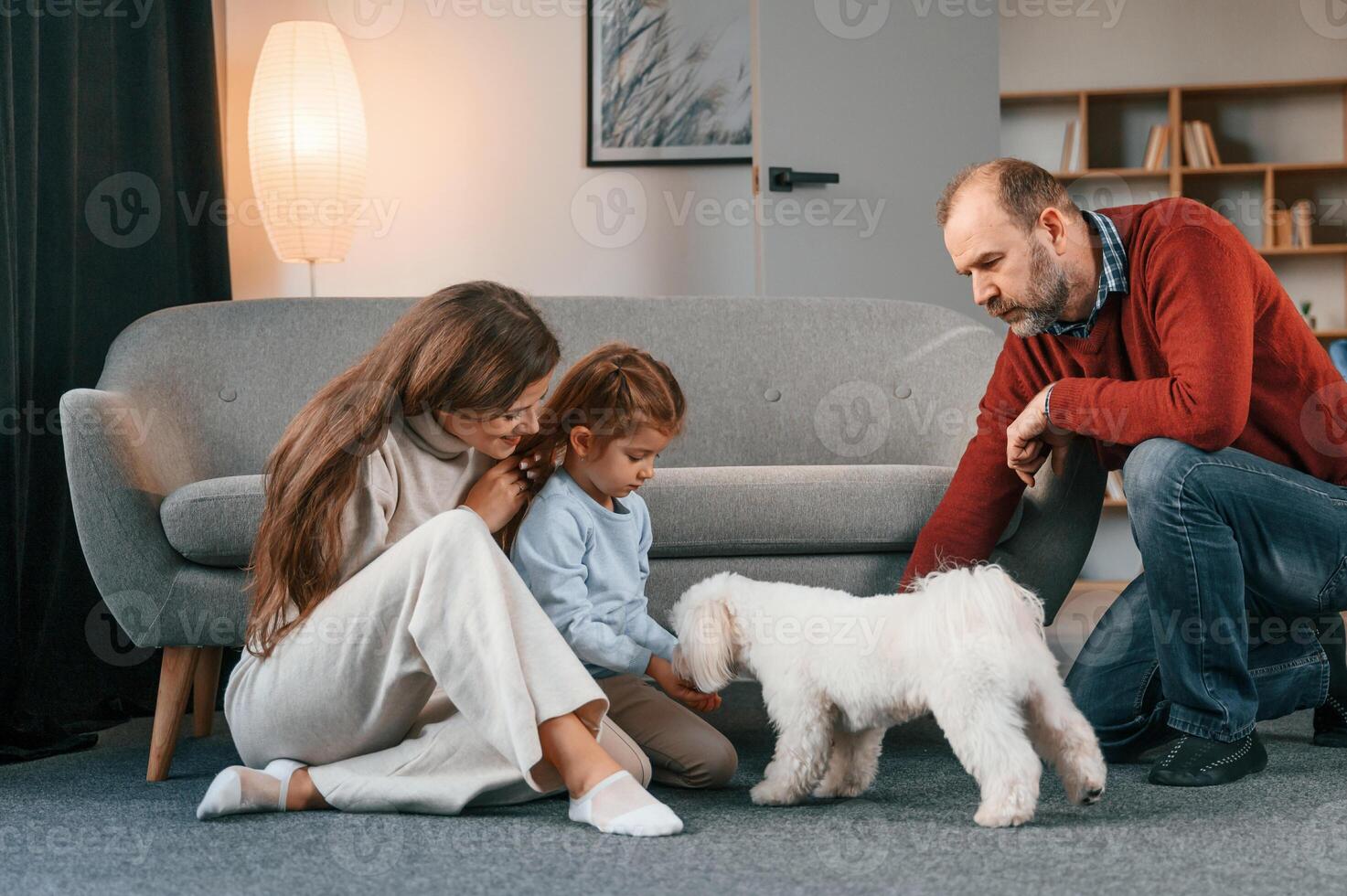 Man, is playing with maltese dog. Mother with her daughter is watching photo