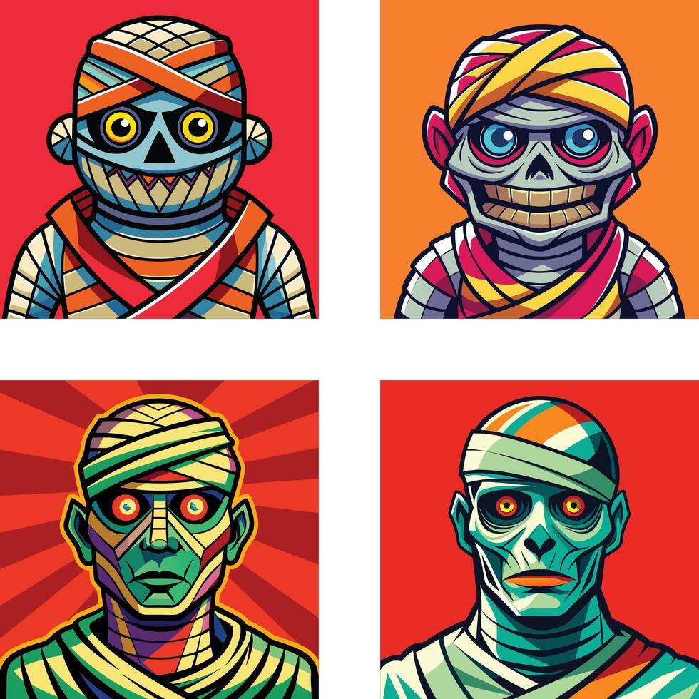 Cartoon mummy character wrapped in beige bandages, smiling. vector
