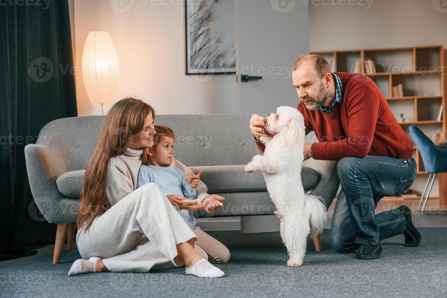 Animal is standing on back legs.. Man is playing with maltese dog. Mother with her daughter is watching photo