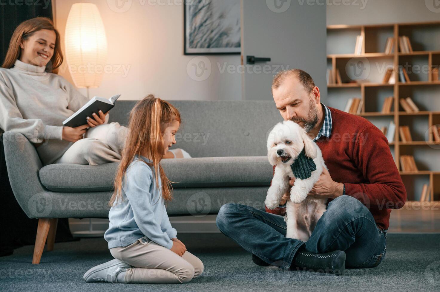Man is playing with maltese dog. Mother ,with her daughter is watching photo