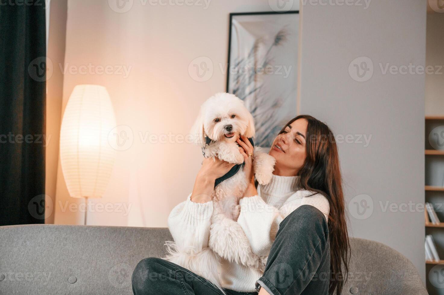 Sitting on ,the sofa. Beautiful woman is with maltese dog is at home photo
