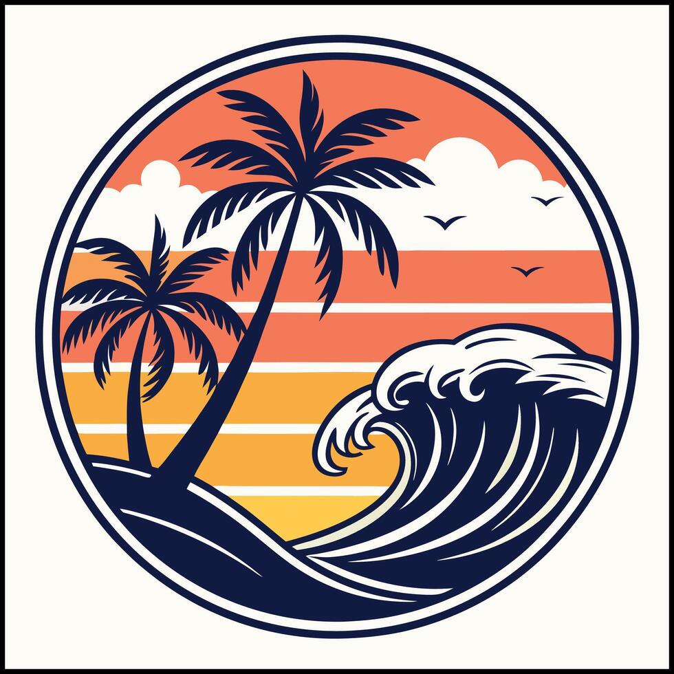 Summer Beach Scene Palm Trees Tee Shirt Design vector
