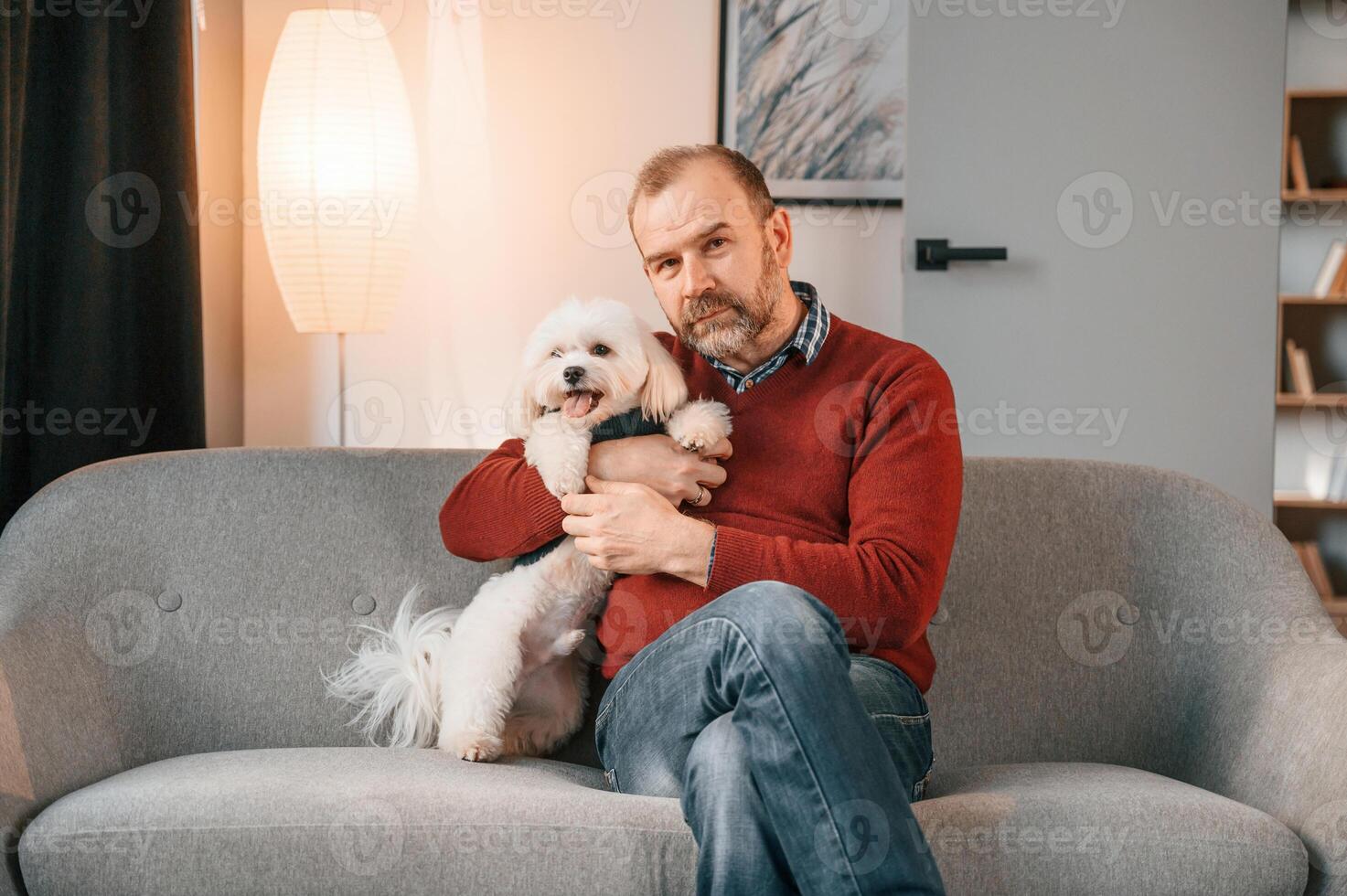 Man is sitting with ,his maltese dog on the sofa indoors photo