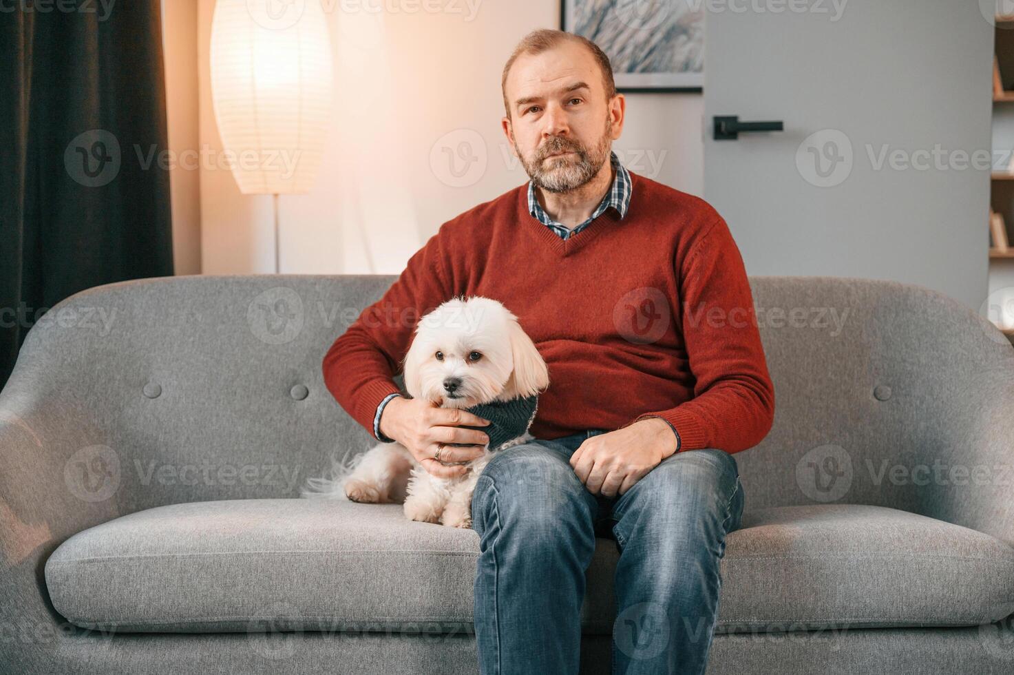 Man, is sitting with his maltese dog on the sofa indoors photo