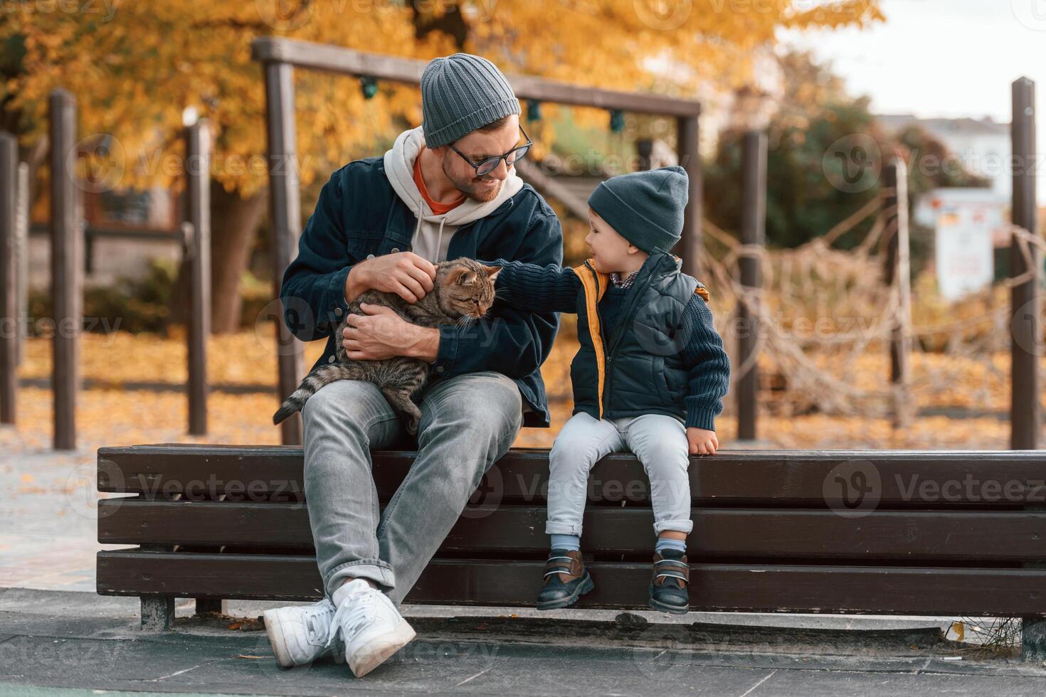 Petting a cat. Father ,and young son is together outdoors at daytime photo