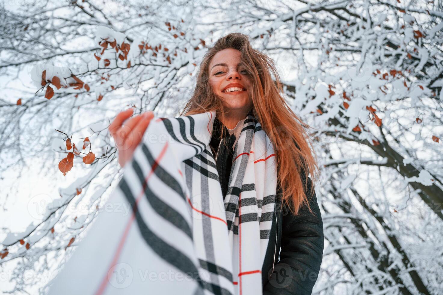 View from, below. Beautiful young woman is outdoors in the winter forest photo