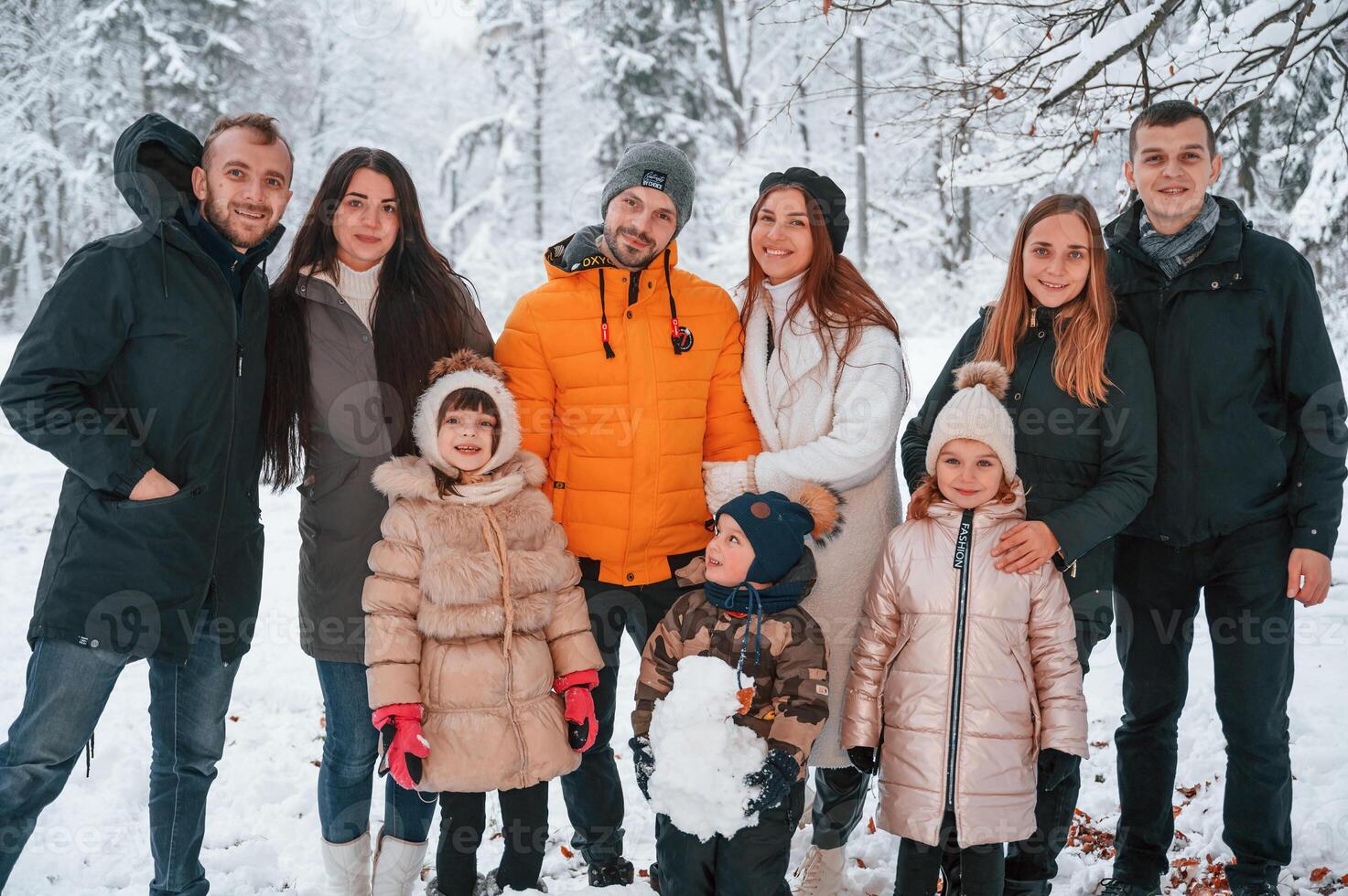 Group of people ,are standing in the winter forest. Three couples with children photo