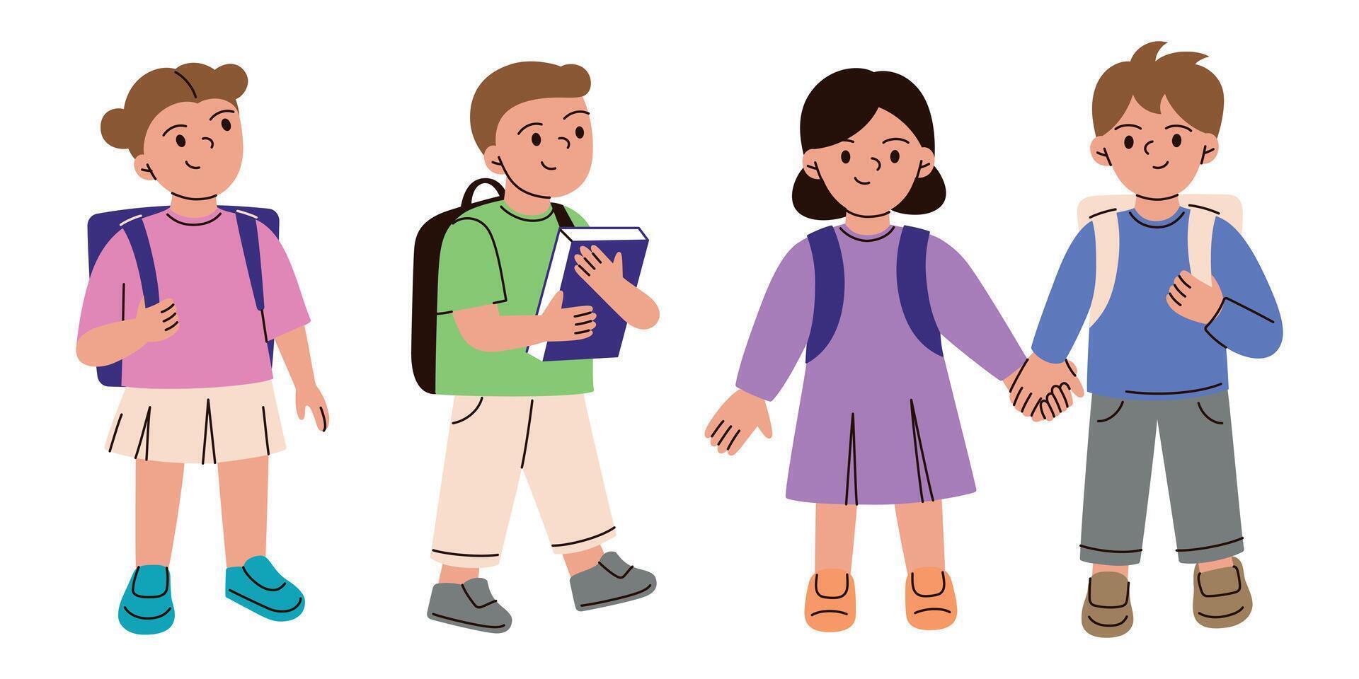 Set of cute flat cartoon characters, school children with backpacks and books, boys and girls walking to school. illustration on education, childhood, learning, back to school collection vector