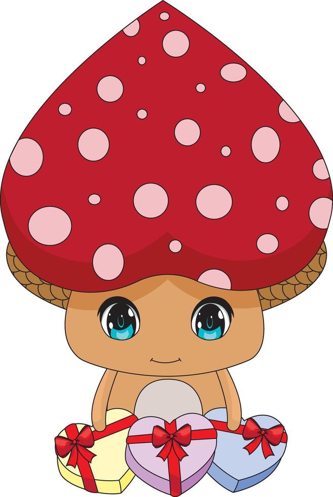 Heart Shaped Mushroom With Heart Shaped Gift Box vector