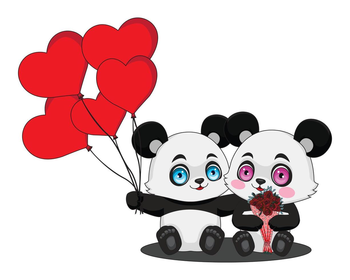 Cute Panda Couple With Heart Red Balloons Illustration vector