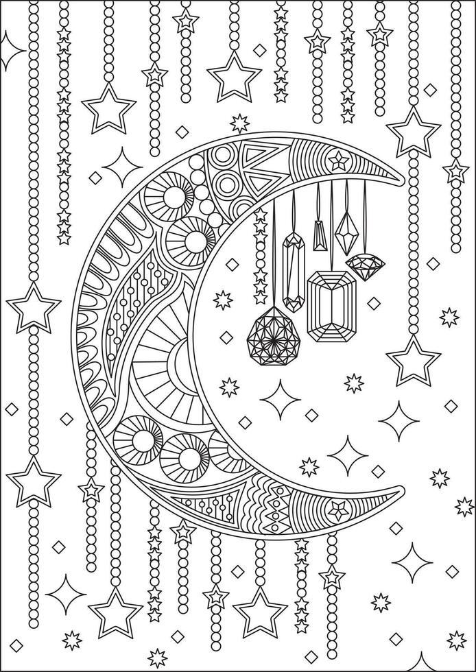 Moon With Crystal And Stars Adult Coloring Page vector