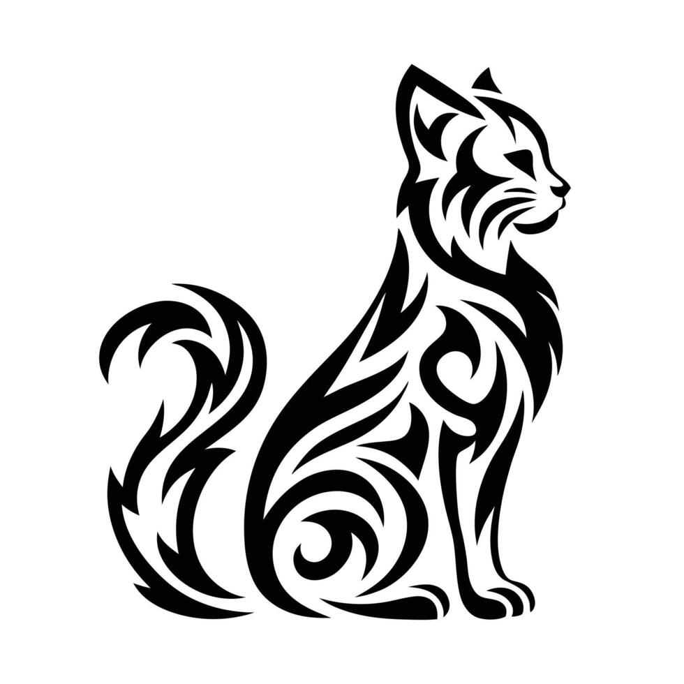 Magical Tribal Cat Tattoo Mystical Swirl Black Ink Art vector