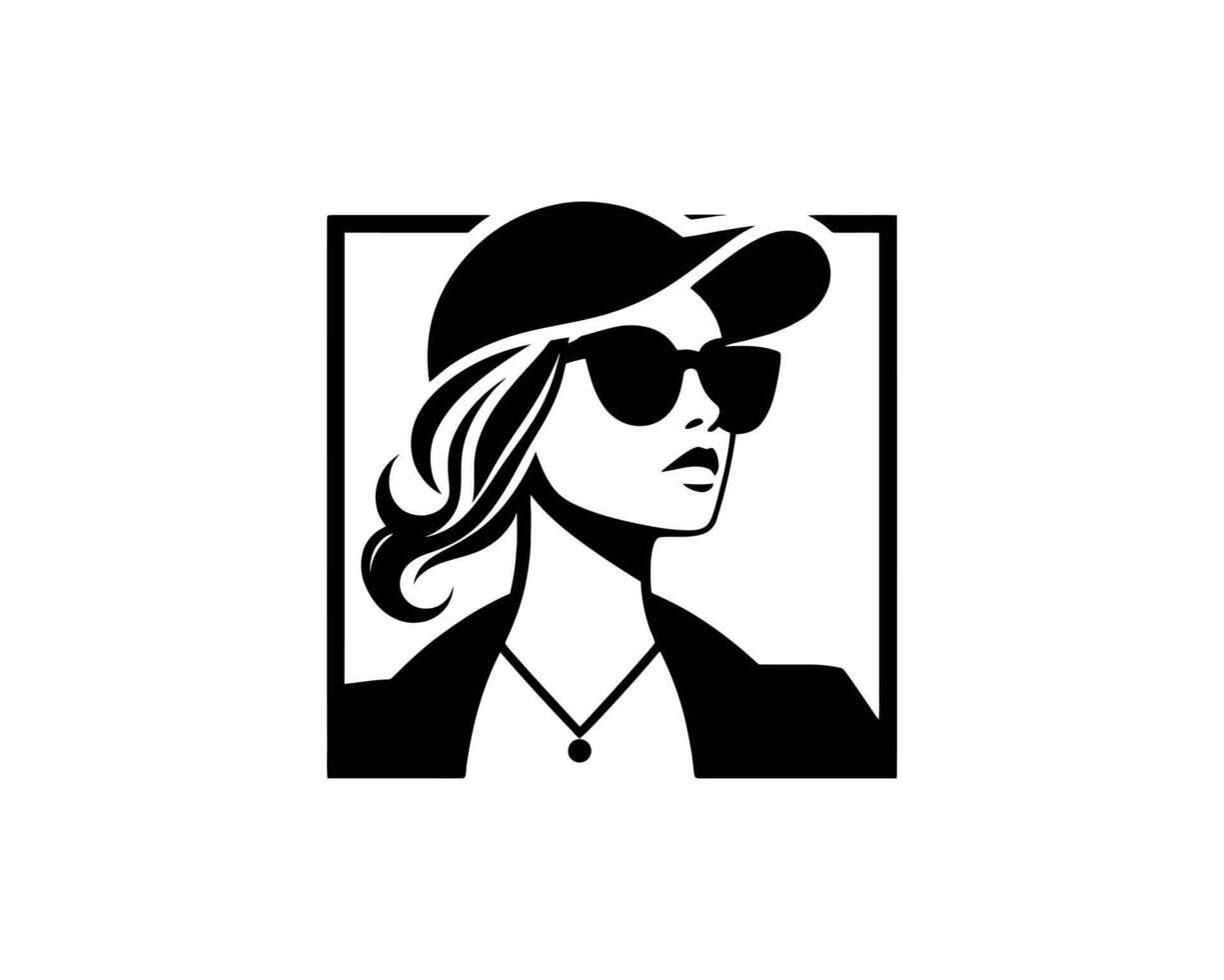 A black and white logo of a woman wearing sunglasses icon vector