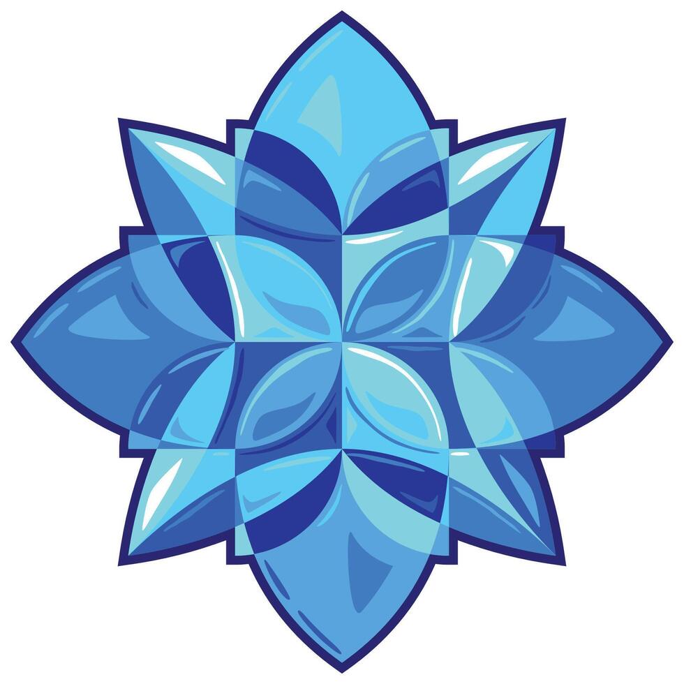 Mysterious four-leaf flower. Shiny precious flower bud with petals pattern, top view, decorative glassy element. Blue mandala, chakra symbol. Geometry chevron ultramarine ornament vector