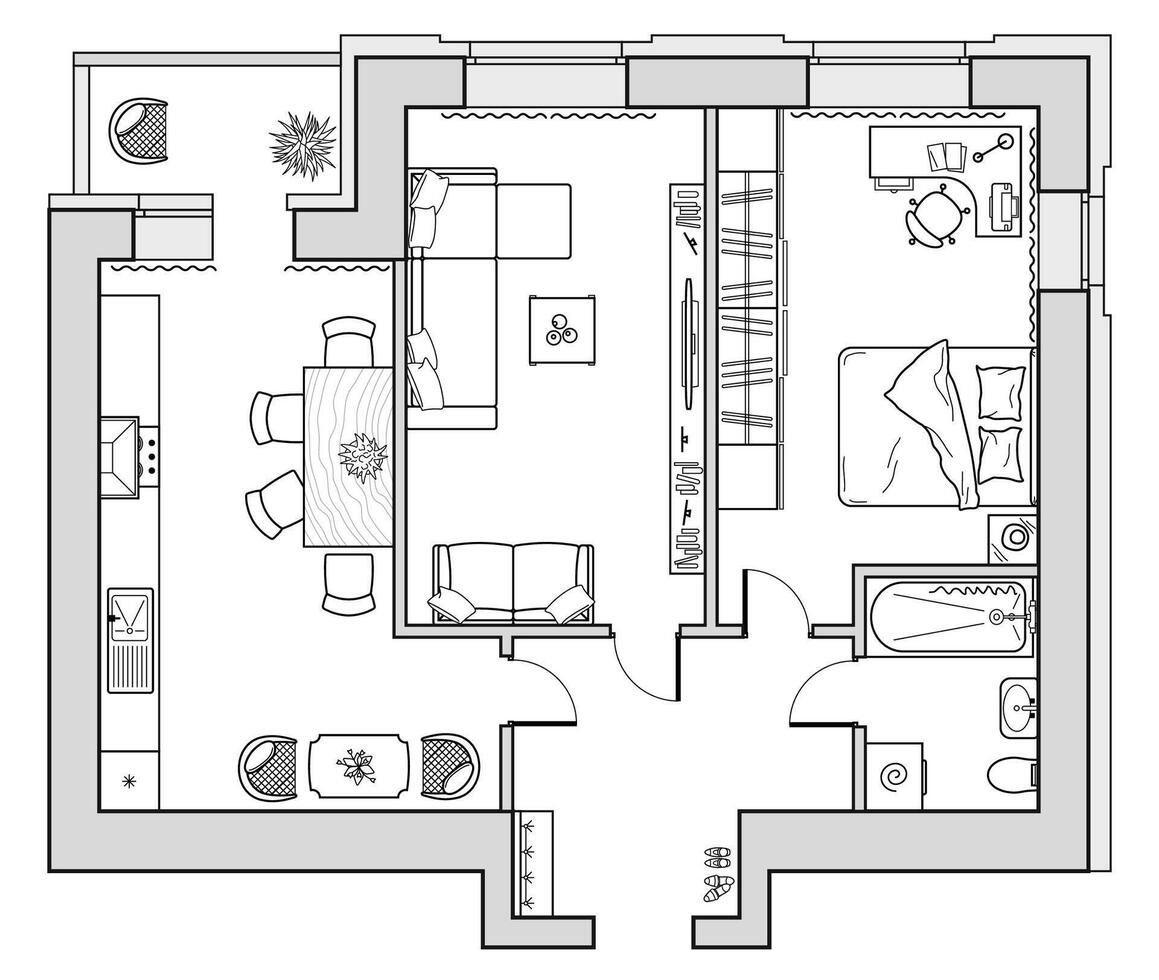 Floor plan with furniture in top view. Architectural set of furniture thin line icons. Detailed layout of the modern apartment vector