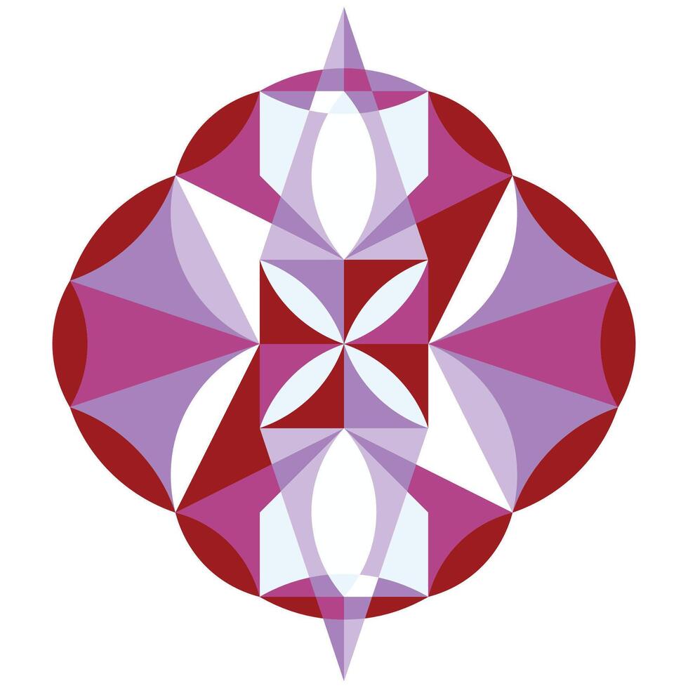 Stylish vinous circular pattern. Semicircles and triangles forming a mandala. Magical flower, sacred geometry. Ethnic decorative elements. Maroon round sign isolated on white background vector